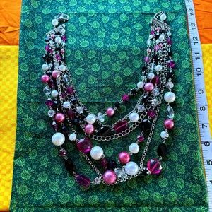 Cocktail chunky statement necklace pink black white pearl crystal multi-strand
